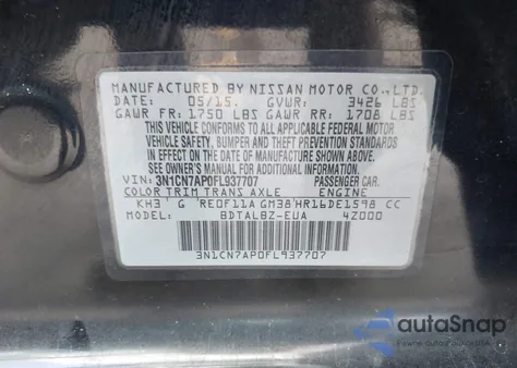 2015 Nissan Versa 1.6 Sv из США, поврежденный, VIN 3N1CN7AP0FL937707